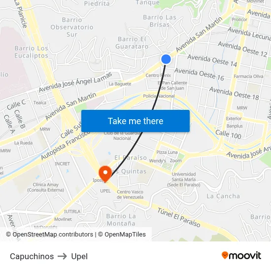 Capuchinos to Upel map