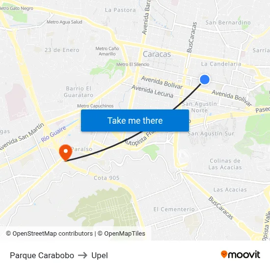 Parque Carabobo to Upel map