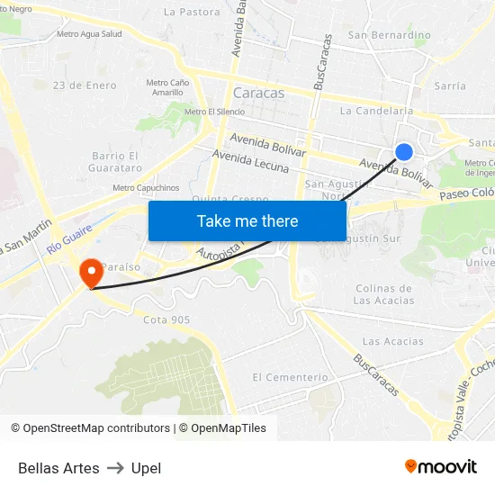 Bellas Artes to Upel map