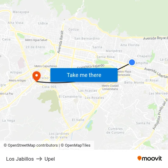 Los Jabillos to Upel map