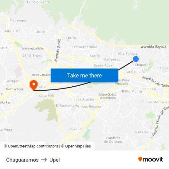 Chaguaramos to Upel map