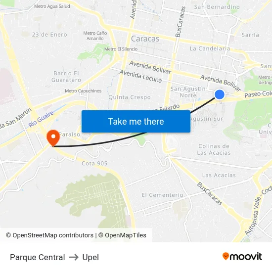 Parque Central to Upel map