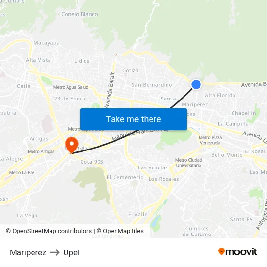 Maripérez to Upel map