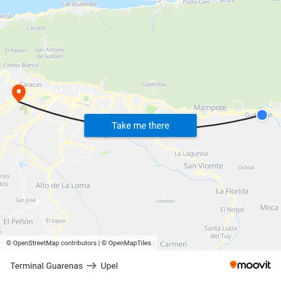 Terminal Guarenas to Upel map