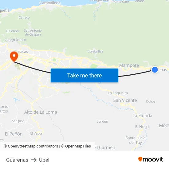 Guarenas to Upel map
