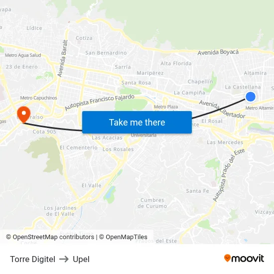 Torre Digitel to Upel map