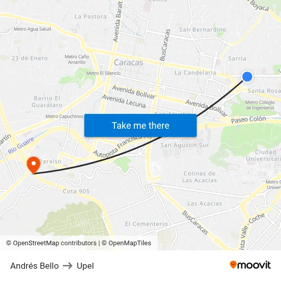 Andrés Bello to Upel map