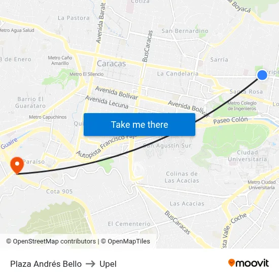 Plaza Andrés Bello to Upel map