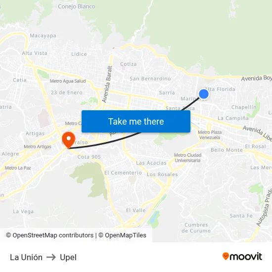 La Unión to Upel map