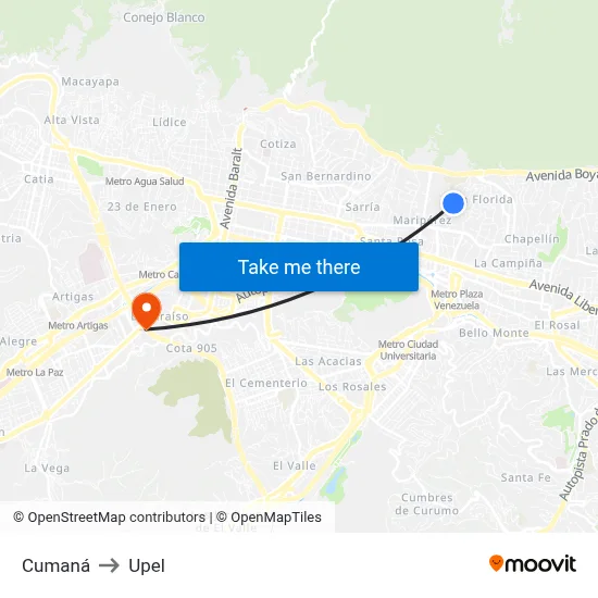 Cumaná to Upel map