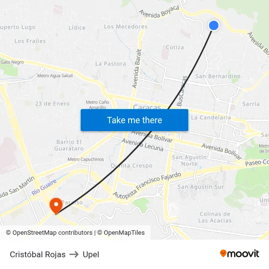 Cristóbal Rojas to Upel map