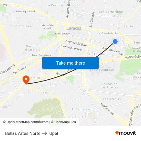 Bellas Artes Norte to Upel map