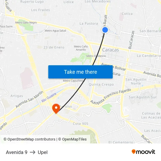 Avenida 9 to Upel map