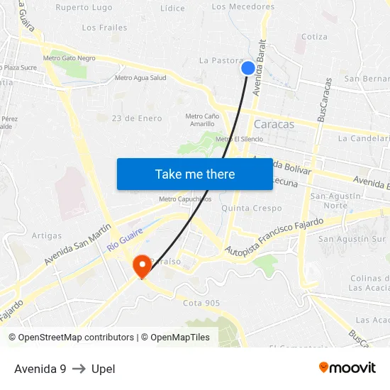 Avenida 9 to Upel map