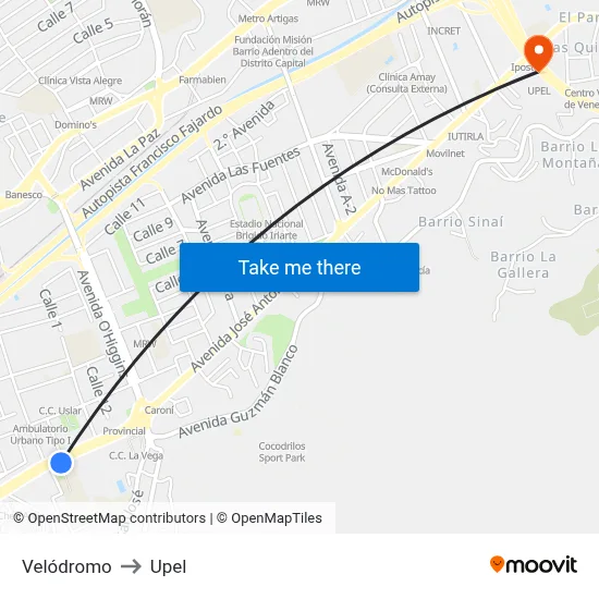 Velódromo to Upel map