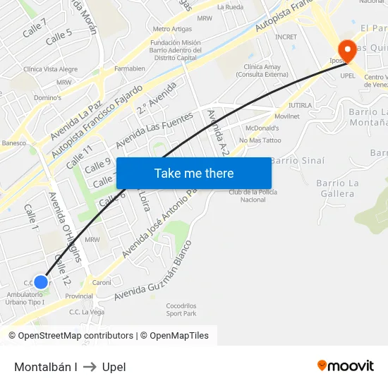 Montalbán I to Upel map