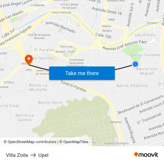 Villa Zoila to Upel map