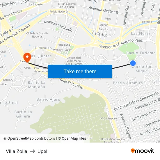 Villa Zoila to Upel map