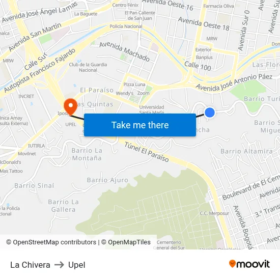 La Chivera to Upel map