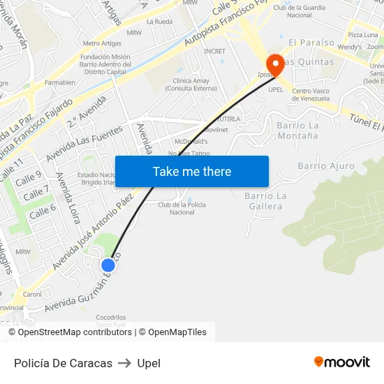 Policía De Caracas to Upel map