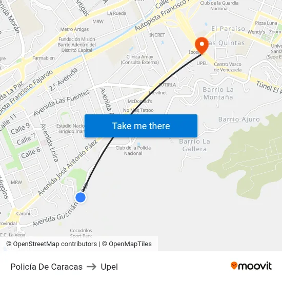 Policía De Caracas to Upel map