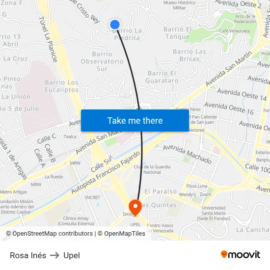 Rosa Inés to Upel map