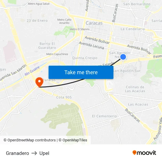 Granadero to Upel map