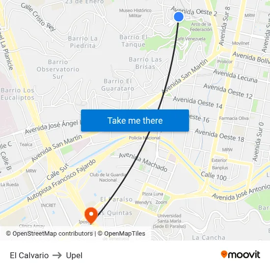 El Calvario to Upel map
