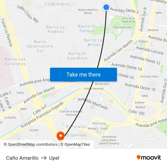 Caño Amarillo to Upel map