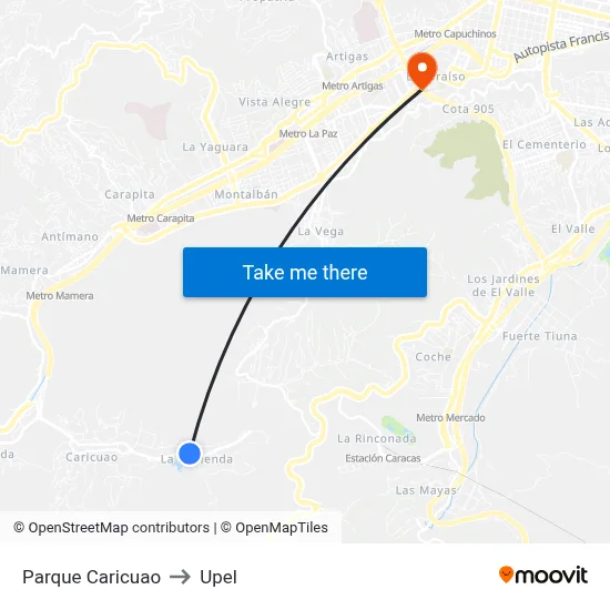 Parque Caricuao to Upel map