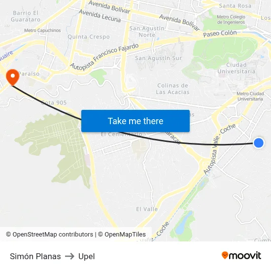 Simón Planas to Upel map