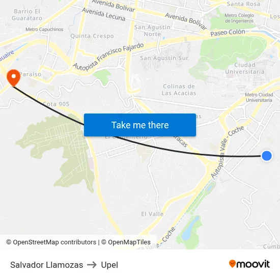 Salvador Llamozas to Upel map