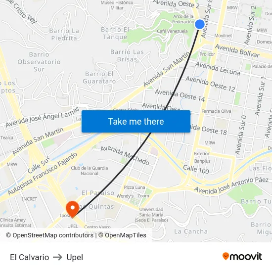 El Calvario to Upel map