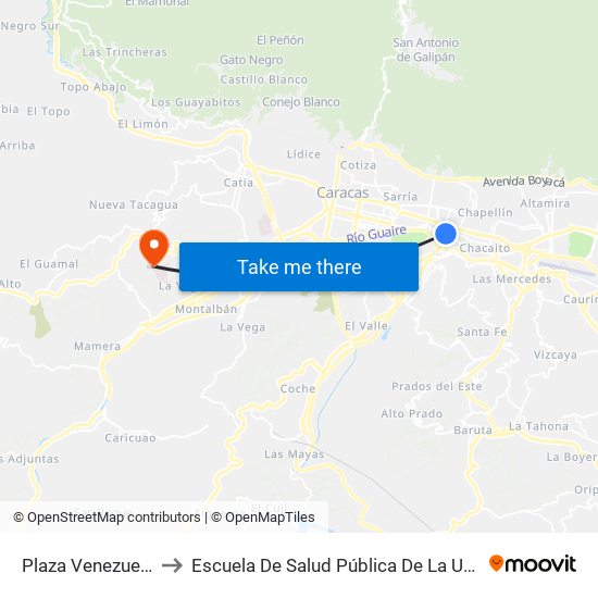 Plaza Venezuela to Escuela De Salud Pública De La Ucv map