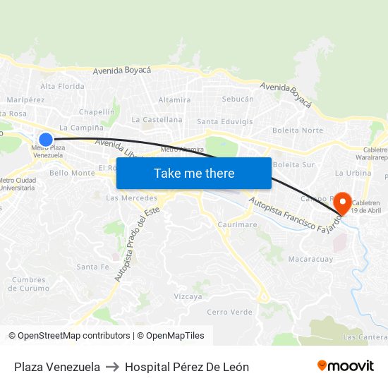 Plaza Venezuela to Hospital Pérez De León map