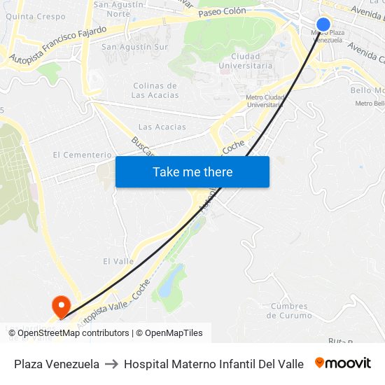 Plaza Venezuela to Hospital Materno Infantil Del Valle map