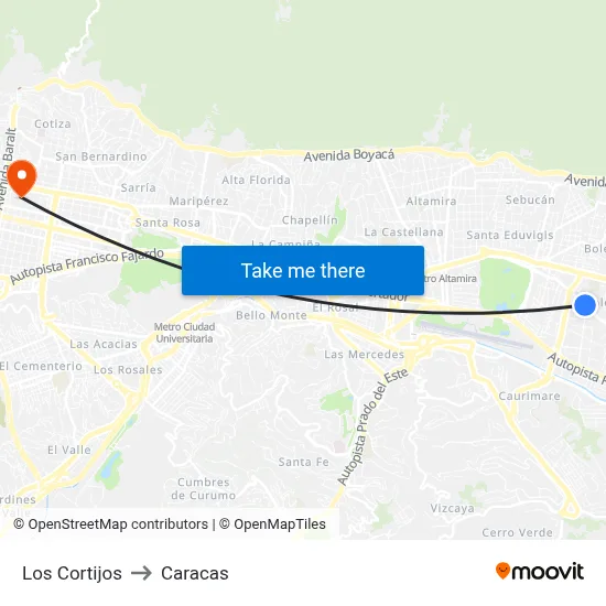 Los Cortijos to Caracas map