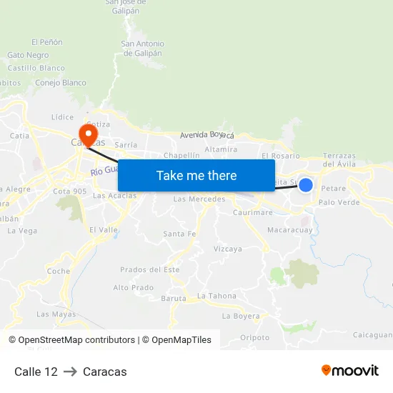 Calle 12 to Caracas map