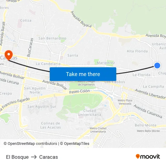 El Bosque to Caracas map