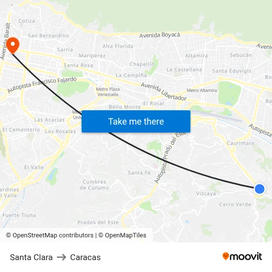 Santa Clara to Caracas map
