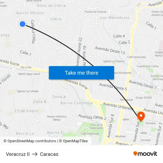 Veracruz II to Caracas map