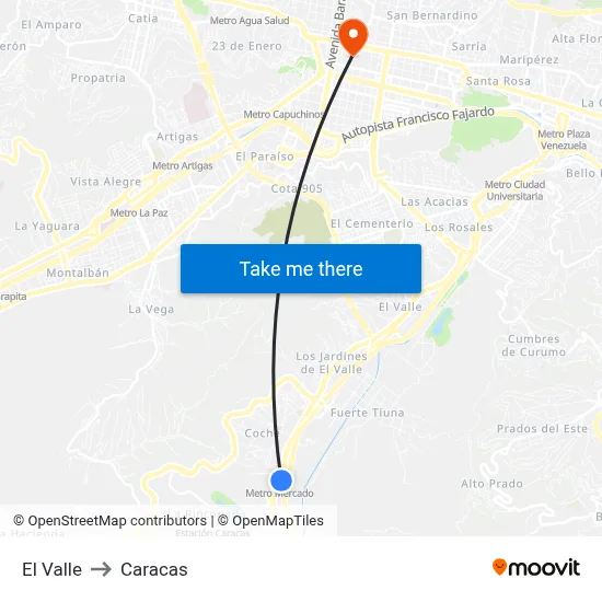 El Valle to Caracas map