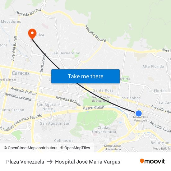 Plaza Venezuela to Hospital José María Vargas map