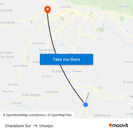 Charallave Sur to Unexpo map