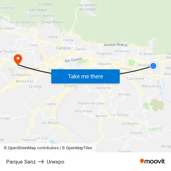 Parque Sanz to Unexpo map