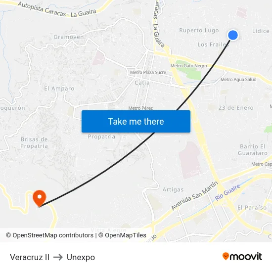Veracruz II to Unexpo map
