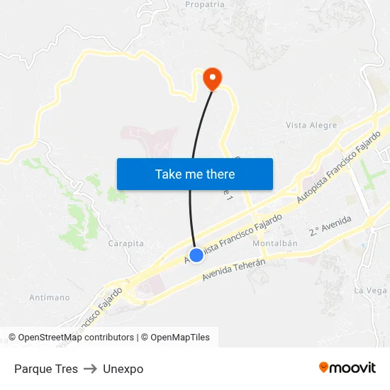 Parque Tres to Unexpo map