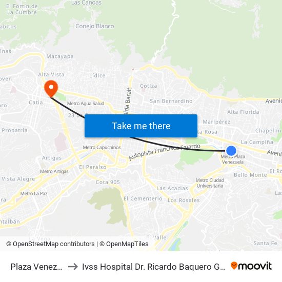 Plaza Venezuela to Ivss Hospital Dr. Ricardo Baquero González map