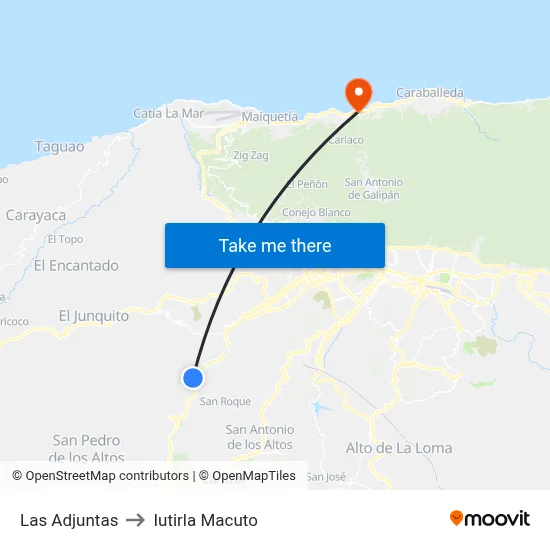 Las Adjuntas to Iutirla Macuto map