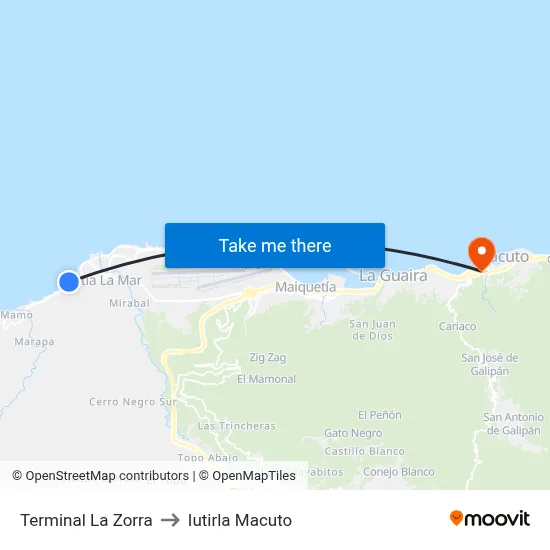 Terminal La Zorra to Iutirla Macuto map